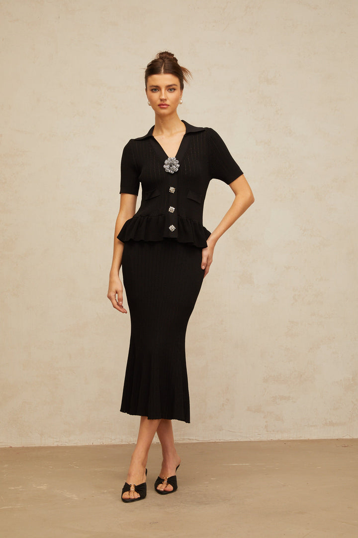 Félicie black embellished pointelle-knit midi dress - Celestia Couture