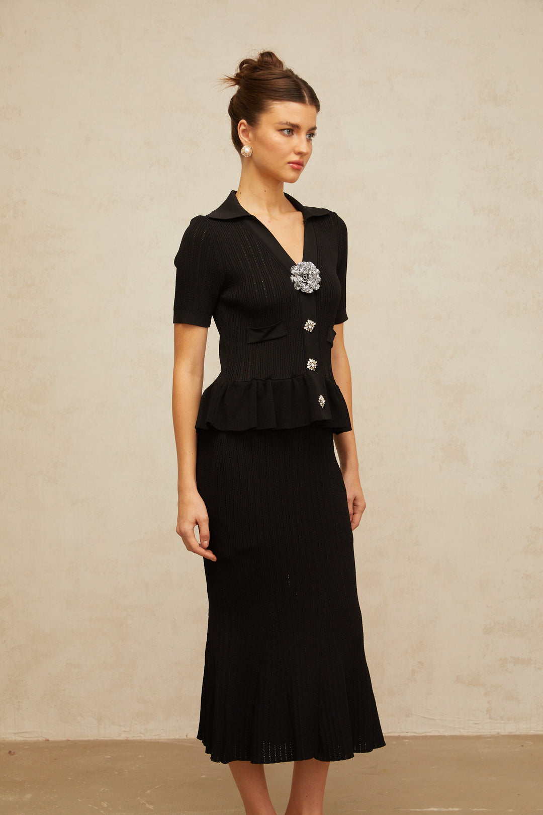 Félicie black embellished pointelle-knit midi dress - Celestia Couture