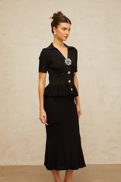 Félicie black embellished pointelle-knit midi dress