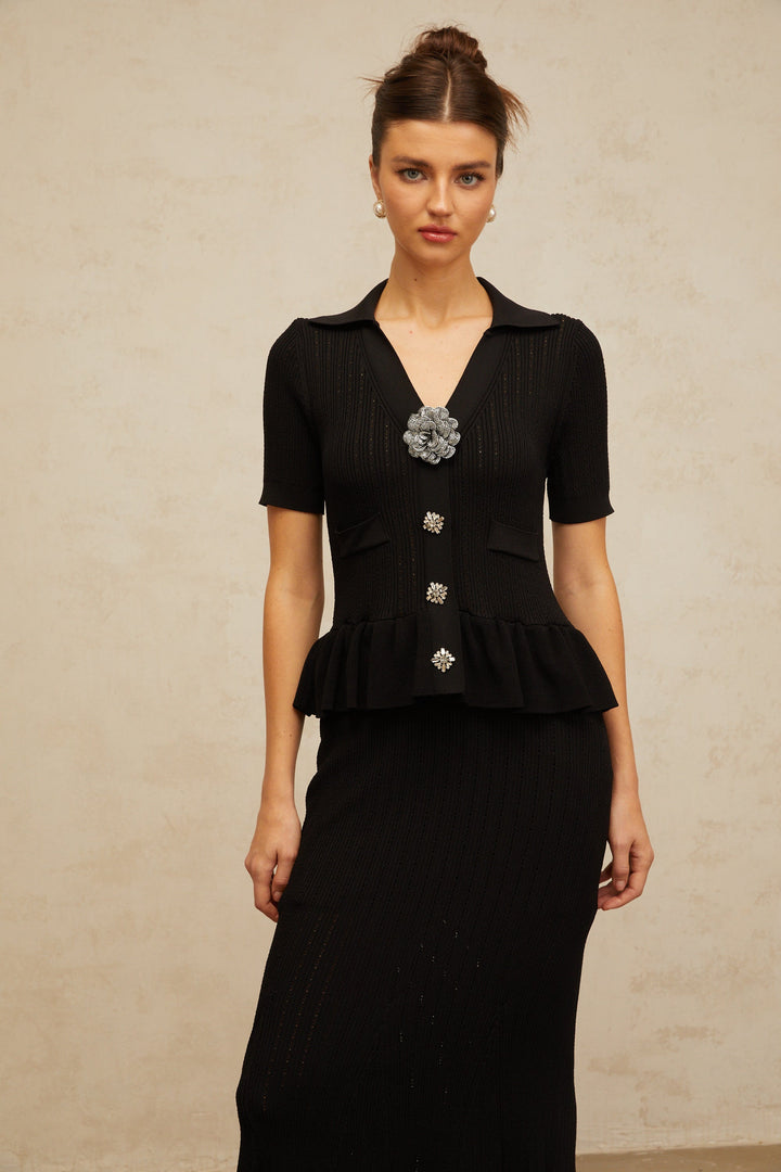 Félicie black embellished pointelle-knit midi dress - Celestia Couture