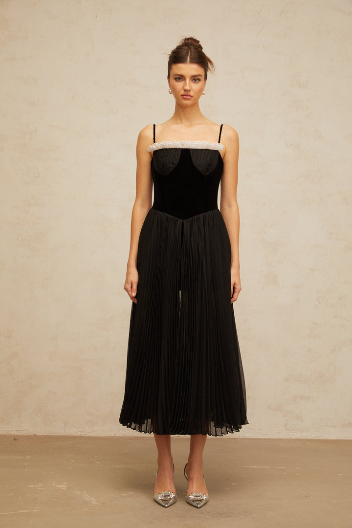 Clémence black velvet-panel pleated midi dress - Celestia Couture