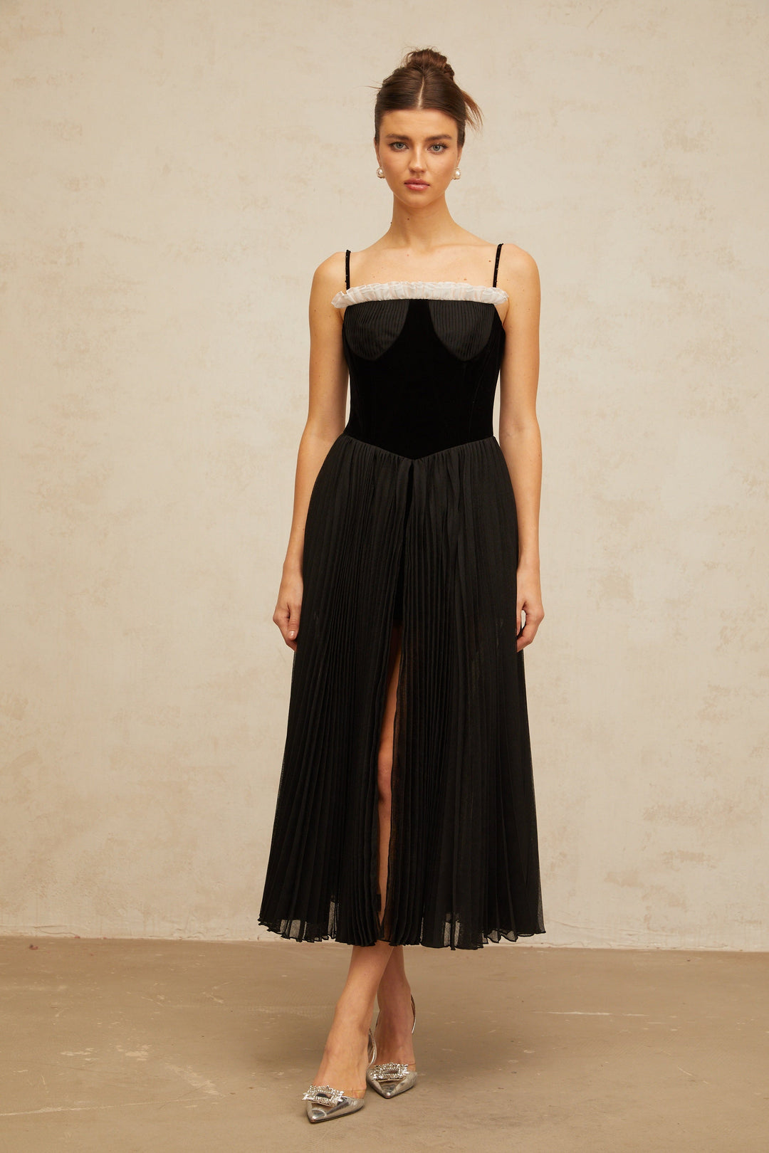 Clémence black velvet-panel pleated midi dress - Celestia Couture