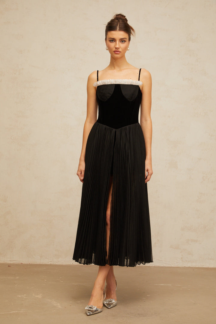 Clémence black velvet-panel pleated midi dress - Celestia Couture