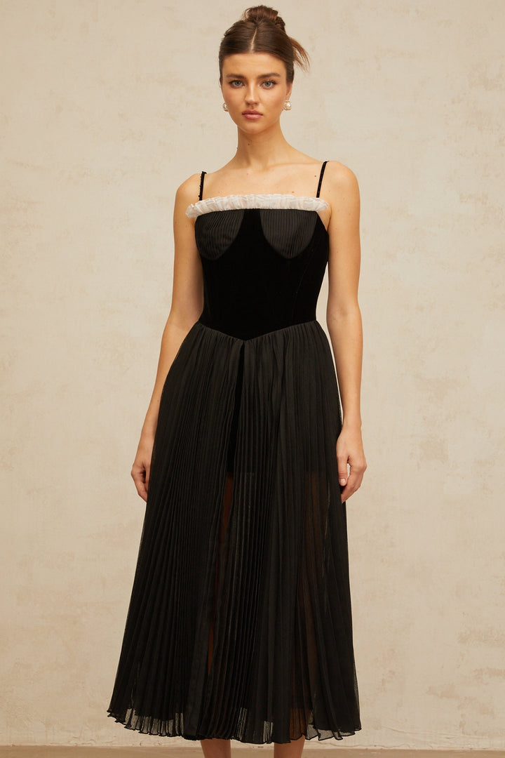 Clémence black velvet-panel pleated midi dress - Celestia Couture