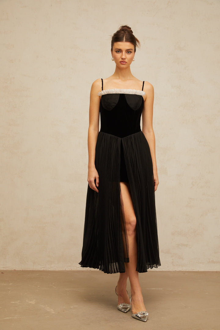 Clémence black velvet-panel pleated midi dress - Celestia Couture