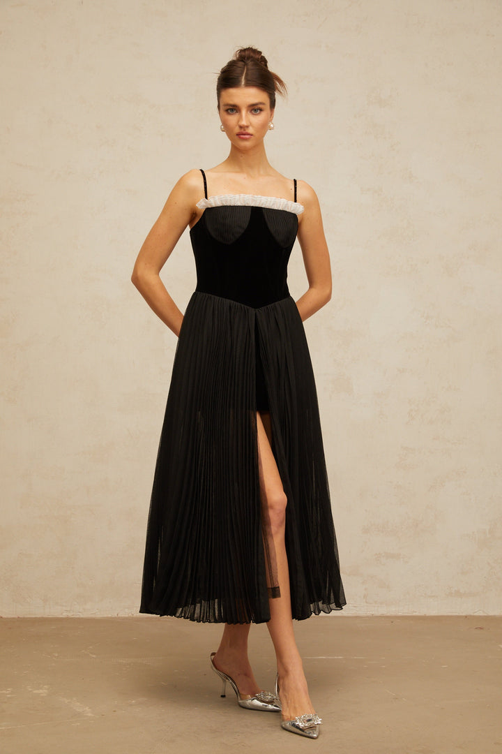 Clémence black velvet-panel pleated midi dress - Celestia Couture