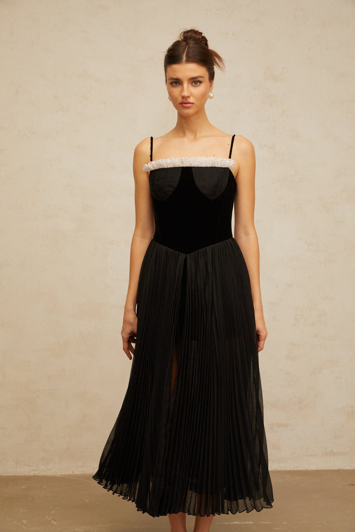Clémence black velvet-panel pleated midi dress - Celestia Couture