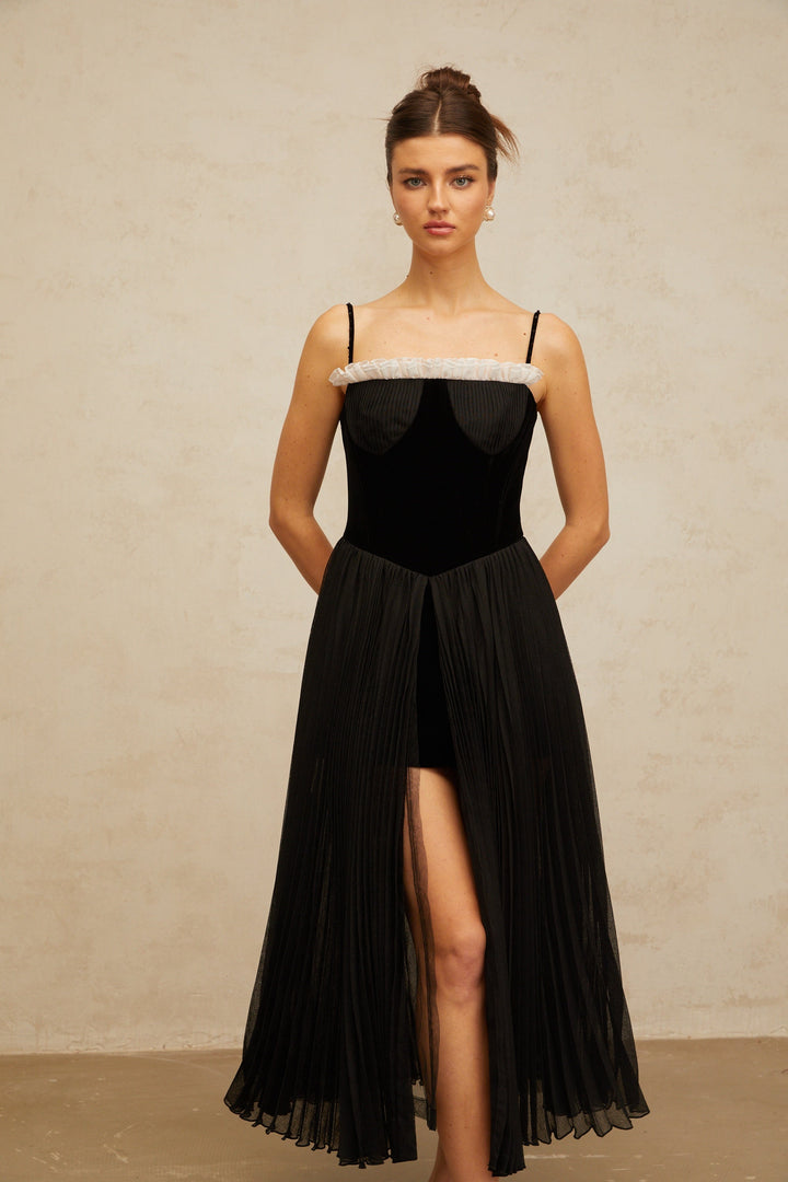 Clémence black velvet-panel pleated midi dress - Celestia Couture
