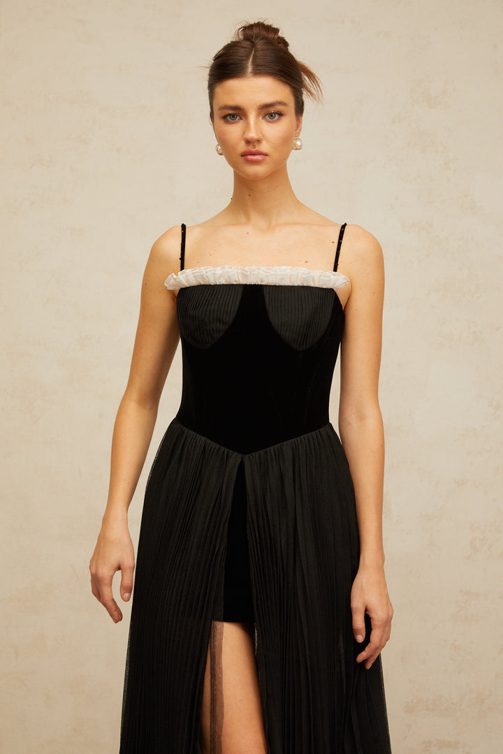 Clémence black velvet-panel pleated midi dress - Celestia Couture