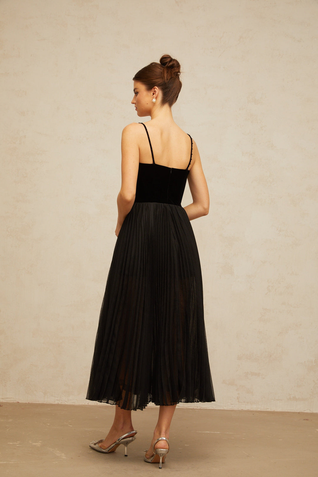 Clémence black velvet-panel pleated midi dress - Celestia Couture