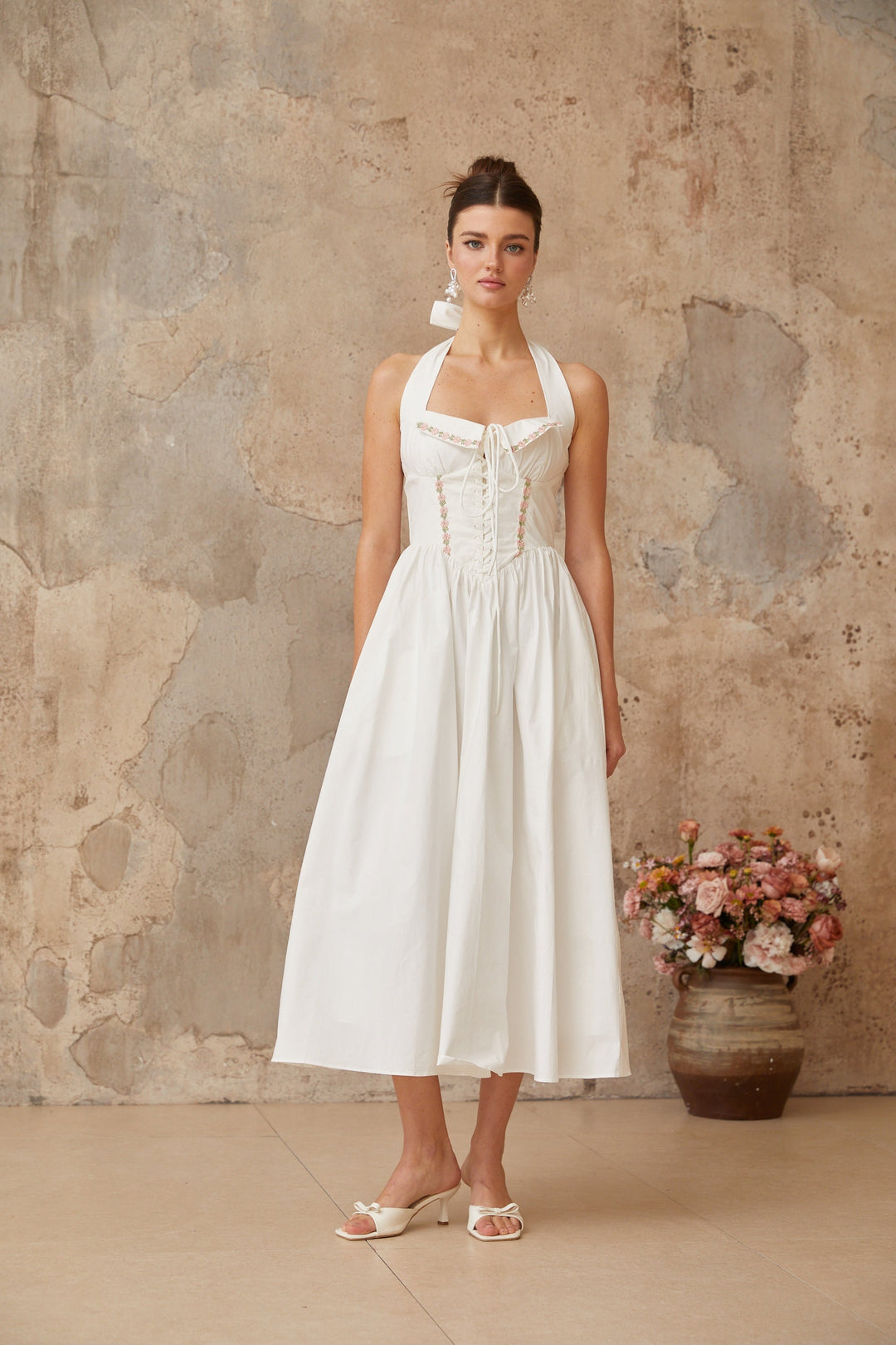 Dulcie white lace-up-detail shirred midi dress - Celestia Couture