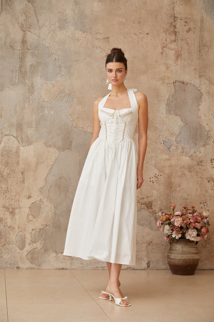Dulcie white lace-up-detail shirred midi dress - Celestia Couture