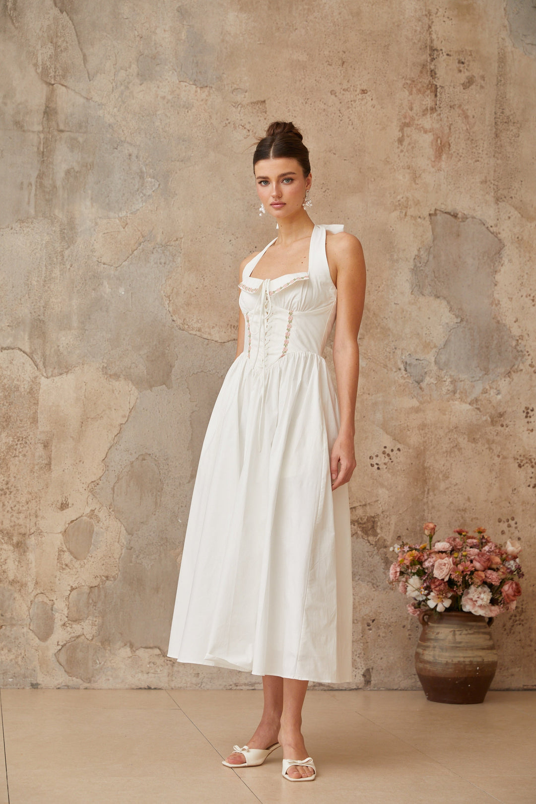 Dulcie white lace-up-detail shirred midi dress - Celestia Couture