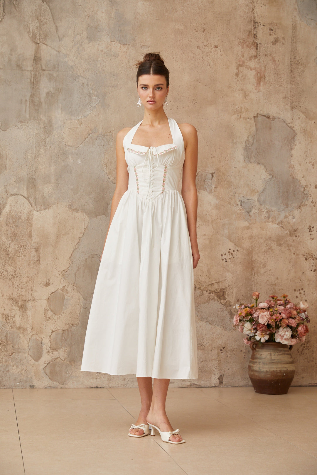 Dulcie white lace-up-detail shirred midi dress - Celestia Couture