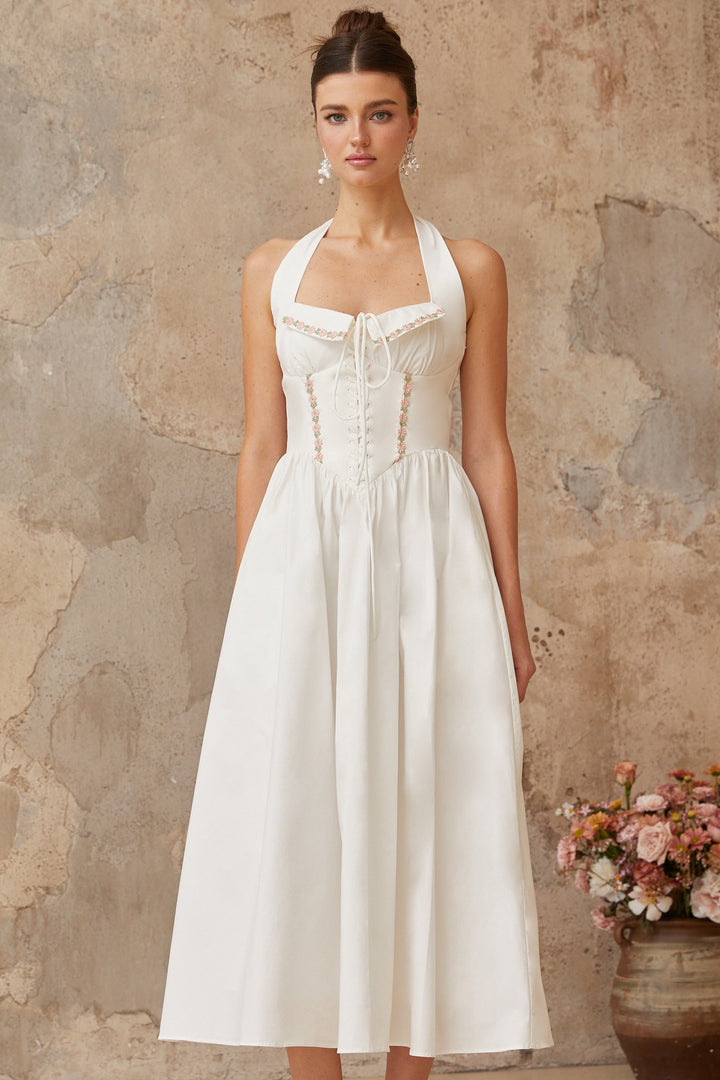 Dulcie white lace-up-detail shirred midi dress - Celestia Couture