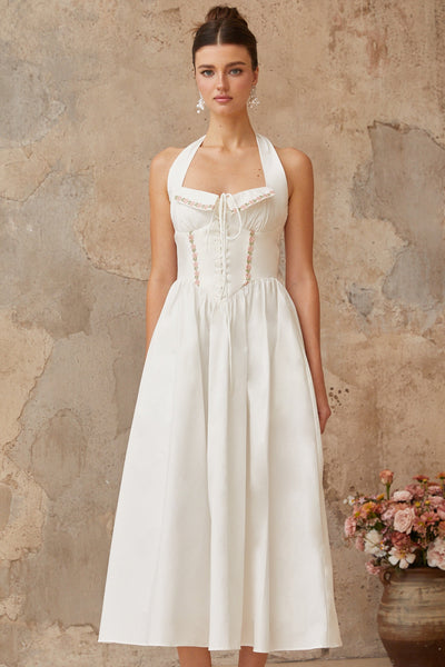 Dulcie white lace-up-detail shirred midi dress