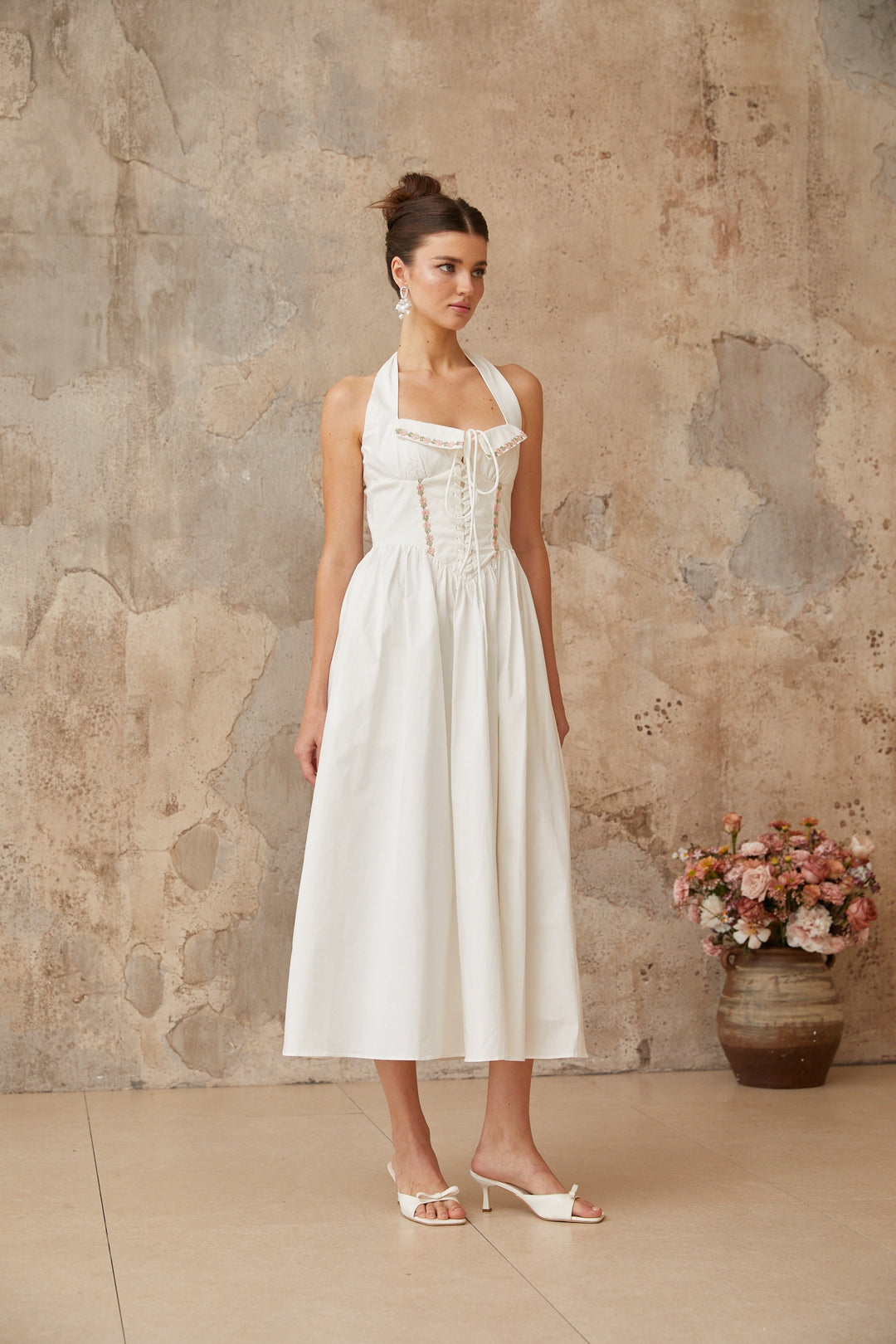 Dulcie white lace-up-detail shirred midi dress - Celestia Couture