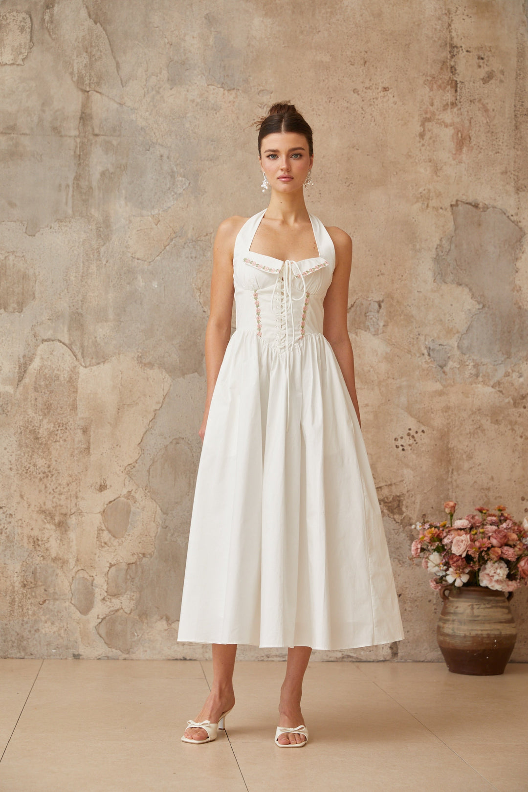Dulcie white lace-up-detail shirred midi dress - Celestia Couture