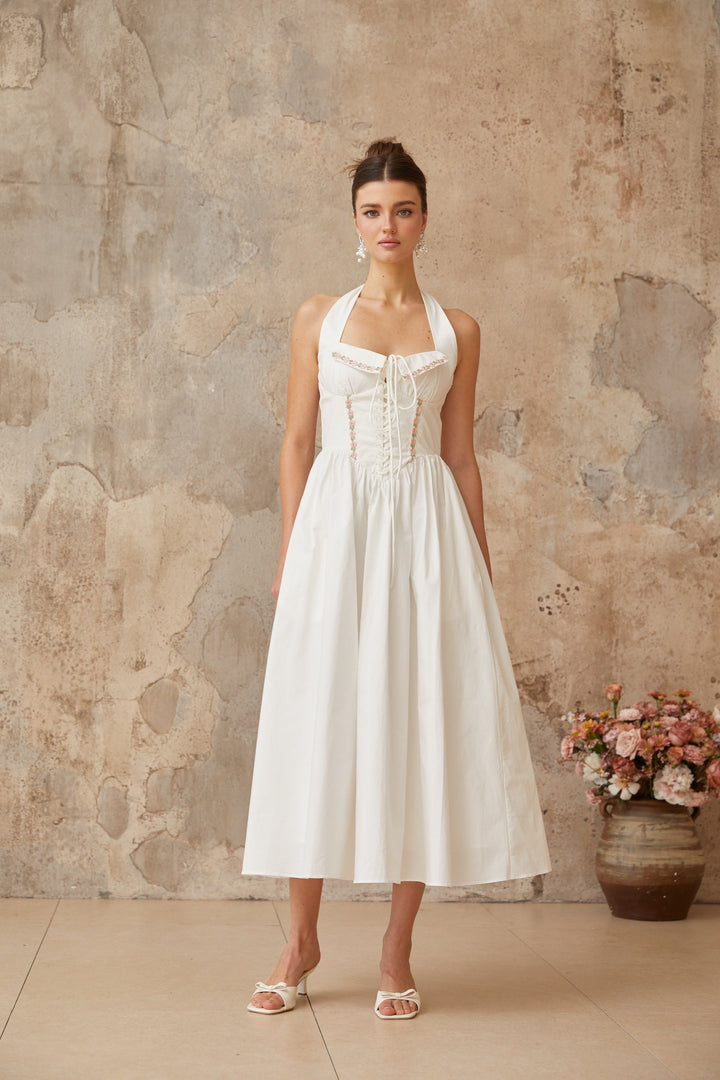 Dulcie white lace-up-detail shirred midi dress - Celestia Couture