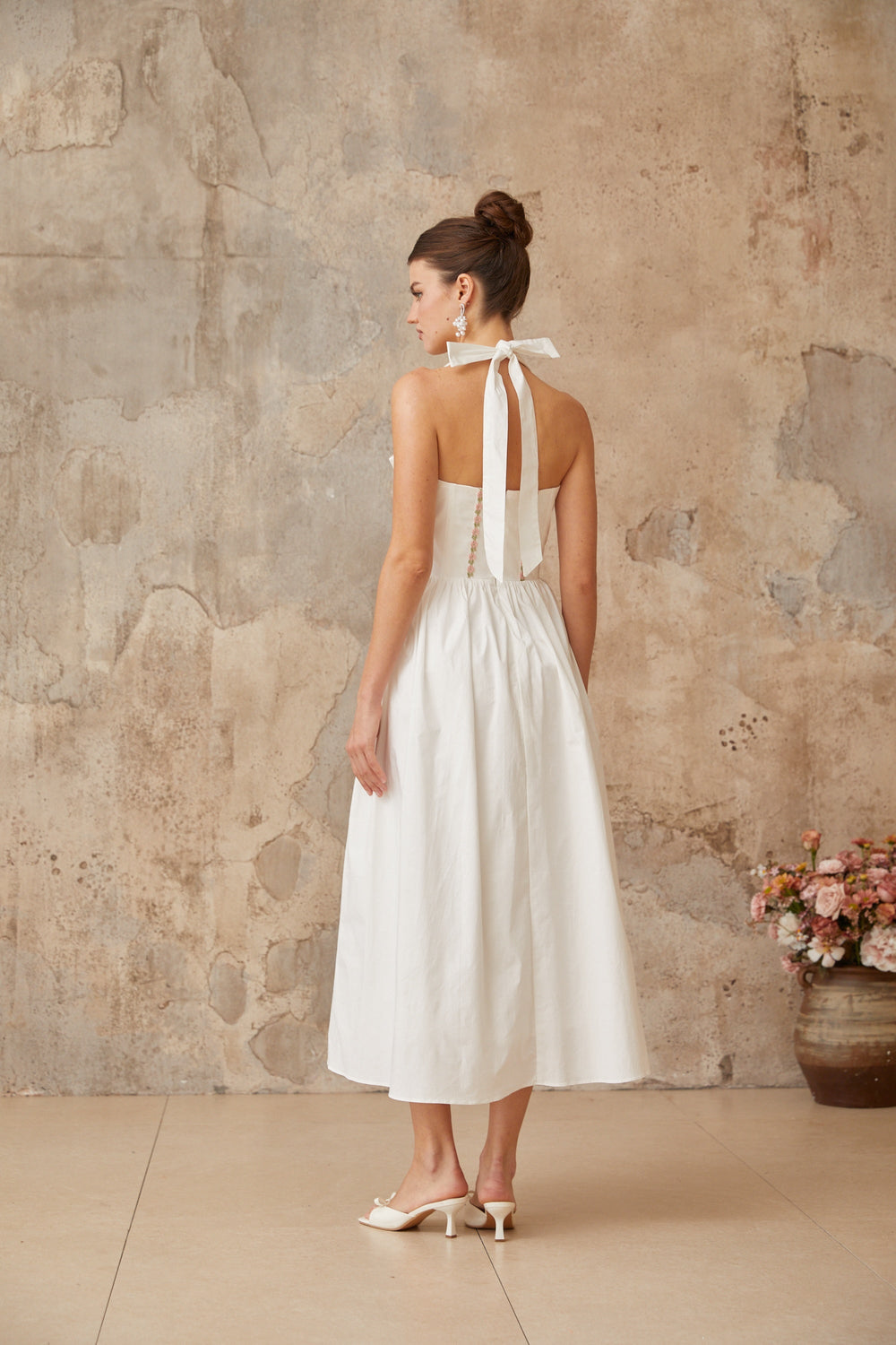 Dulcie white lace-up-detail shirred midi dress - Celestia Couture