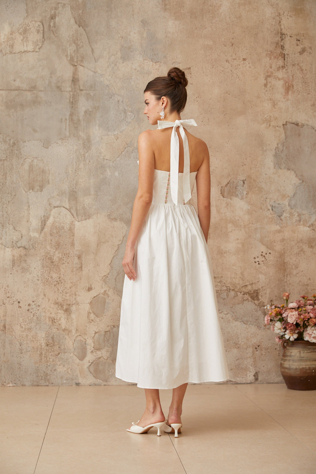 Dulcie white lace-up-detail shirred midi dress - Celestia Couture