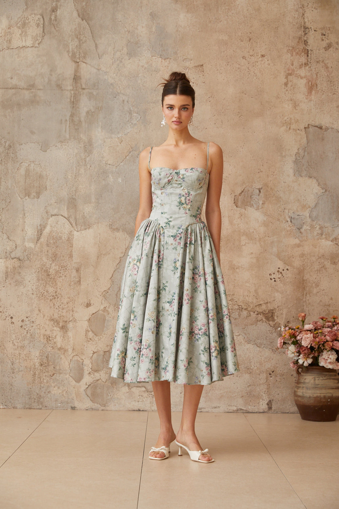 Prunelle sage-green floral-print shirred midi dress - Celestia Couture