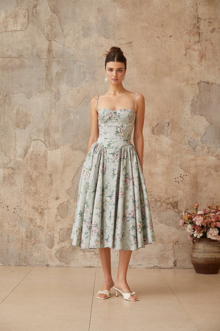 Prunelle sage-green floral-print shirred midi dress - Celestia Couture