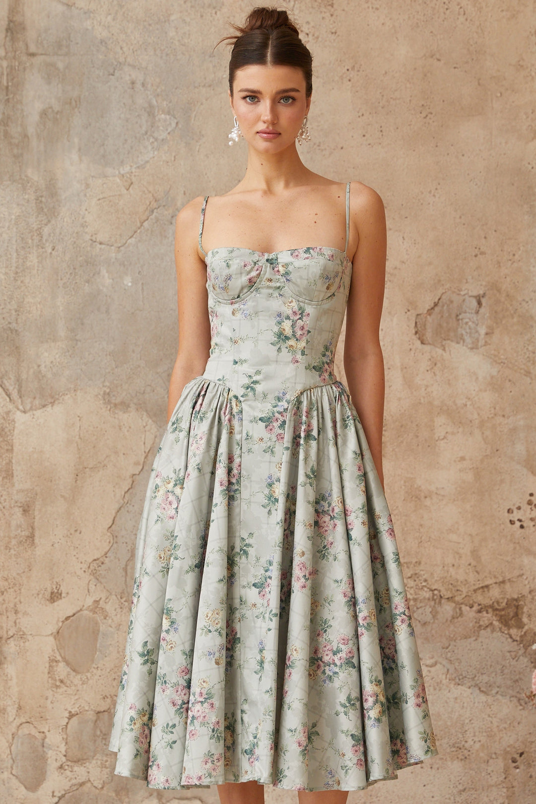 Prunelle sage-green floral-print shirred midi dress - Celestia Couture