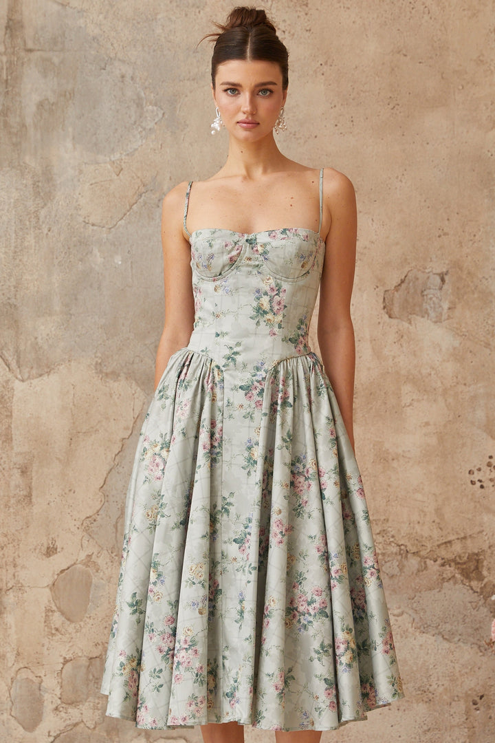 Prunelle sage-green floral-print shirred midi dress - Celestia Couture