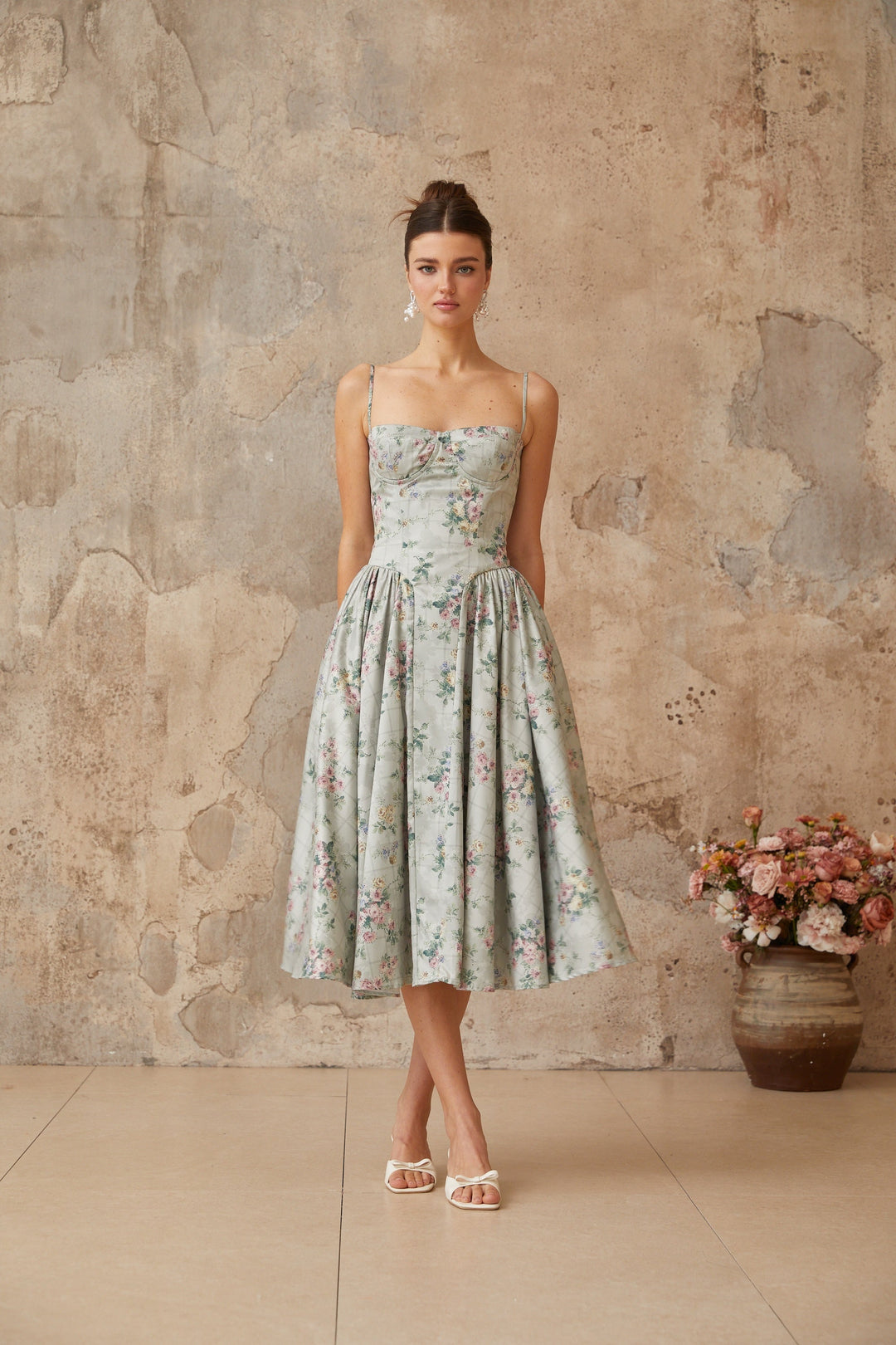Prunelle sage-green floral-print shirred midi dress - Celestia Couture