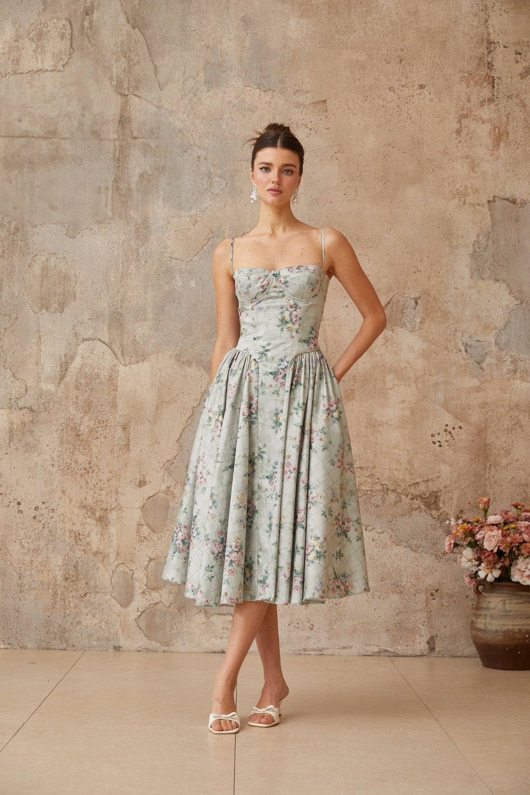 Prunelle sage-green floral-print shirred midi dress - Celestia Couture