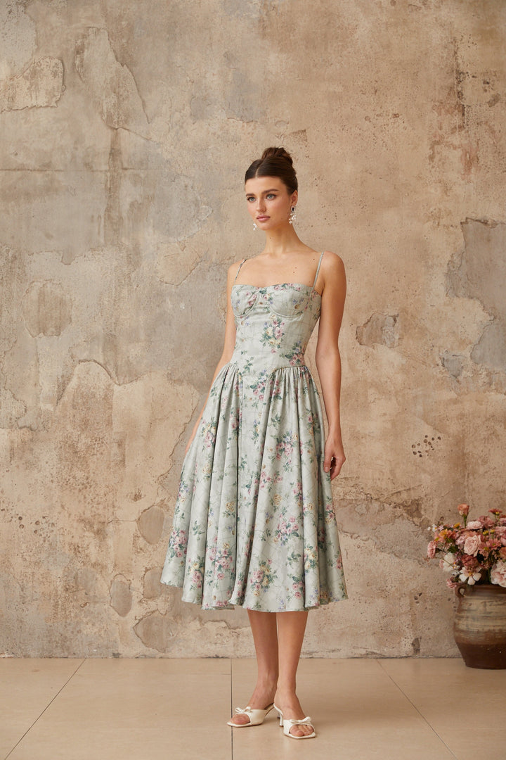 Prunelle sage-green floral-print shirred midi dress - Celestia Couture