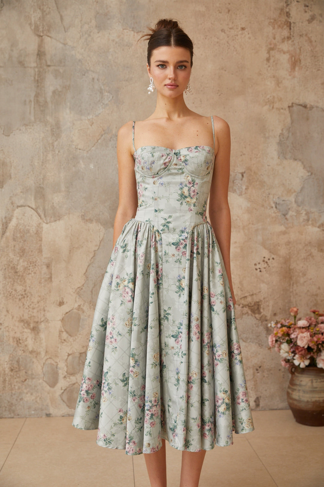 Prunelle sage-green floral-print shirred midi dress - Celestia Couture