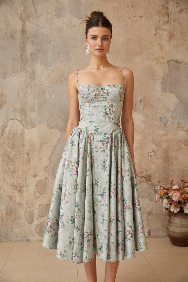 Prunelle sage-green floral-print shirred midi dress - Celestia Couture
