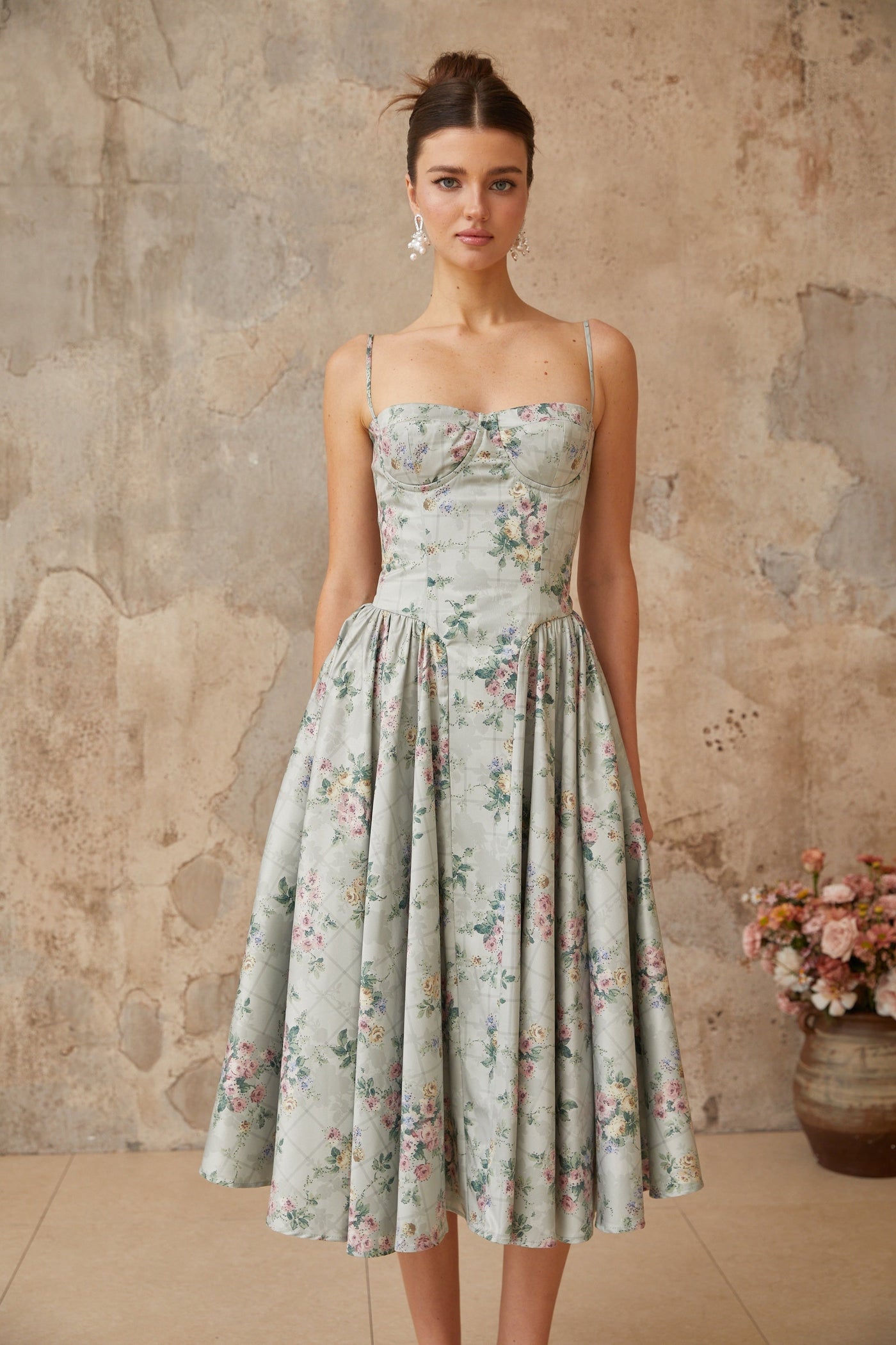 Prunelle sage-green floral-print shirred midi dress