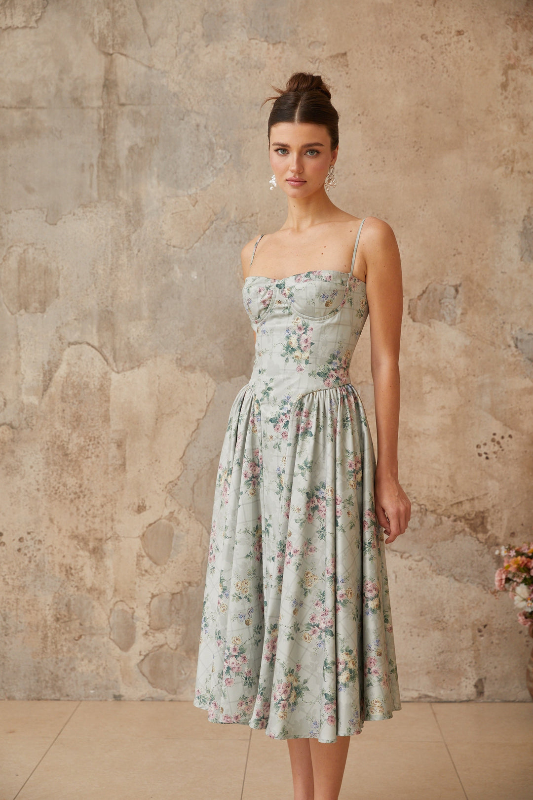 Prunelle sage-green floral-print shirred midi dress - Celestia Couture