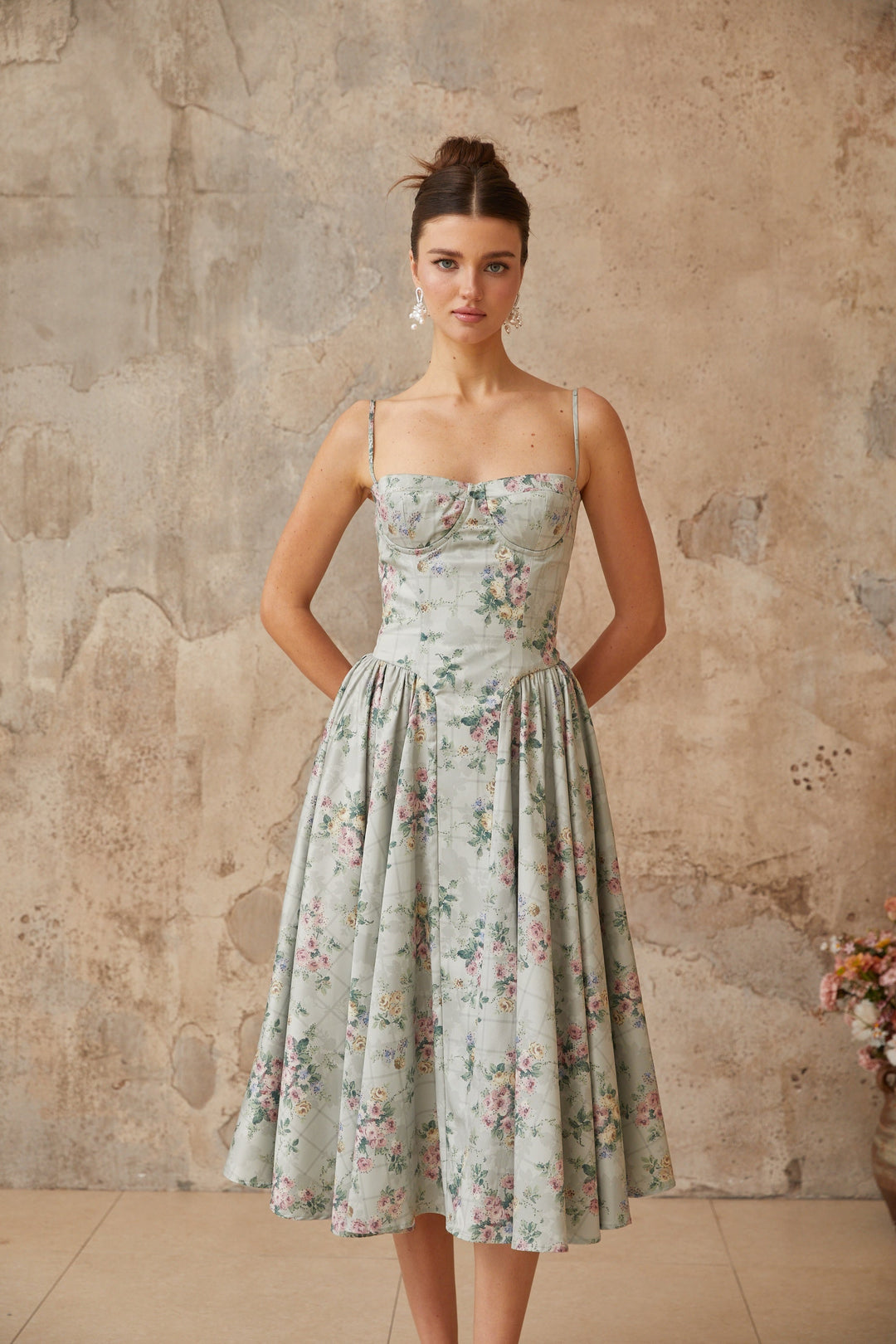 Prunelle sage-green floral-print shirred midi dress - Celestia Couture