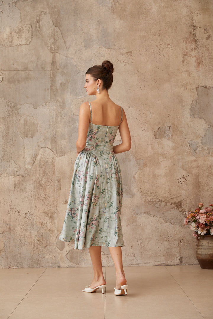 Prunelle sage-green floral-print shirred midi dress - Celestia Couture
