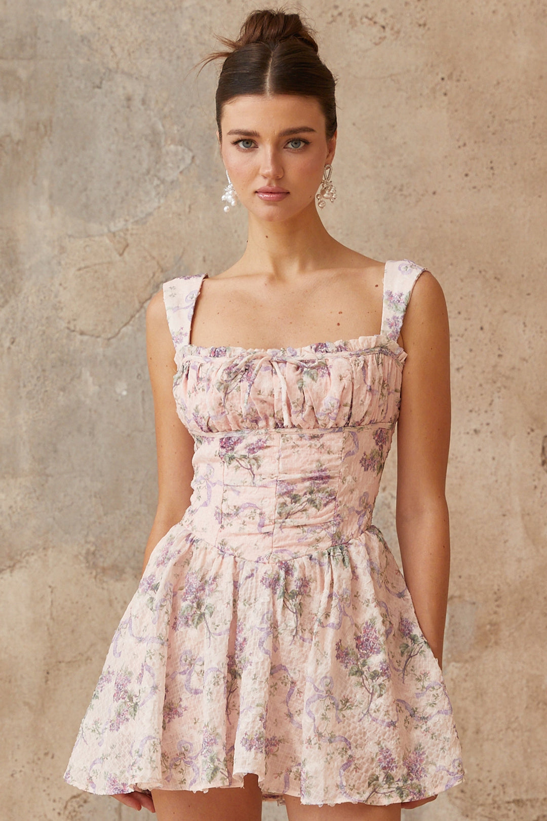 Xavière pink floral-print shirred mini dress - Celestia Couture