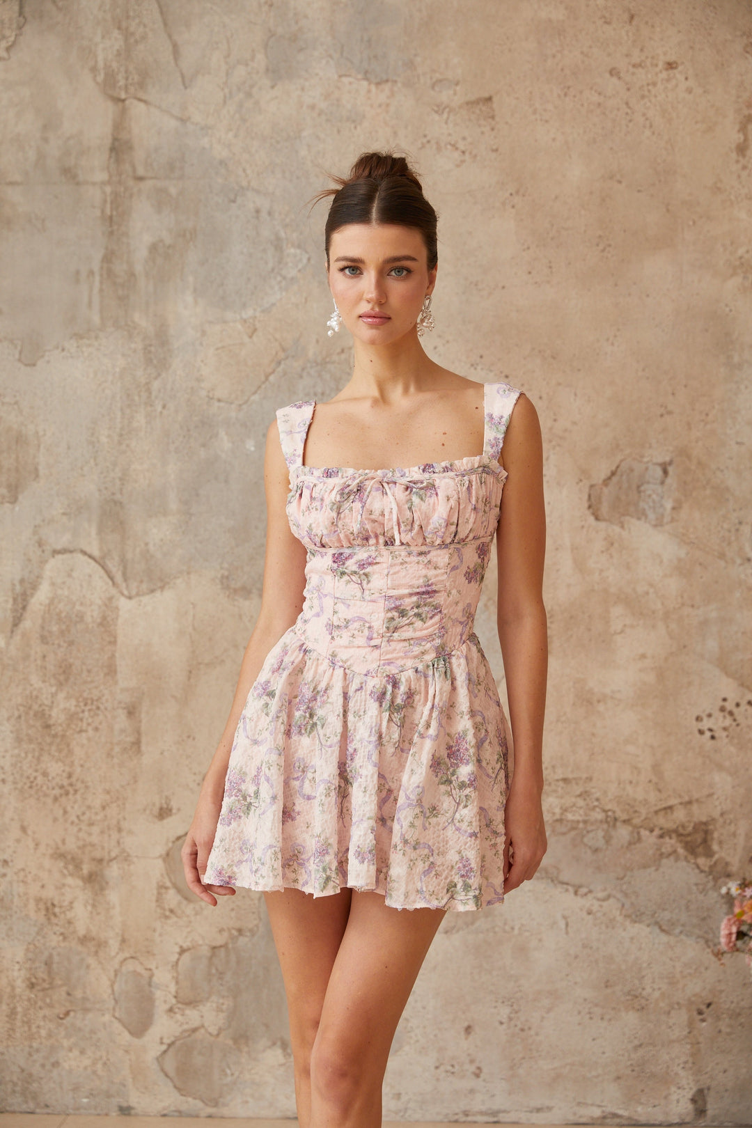 Xavière pink floral-print shirred mini dress - Celestia Couture