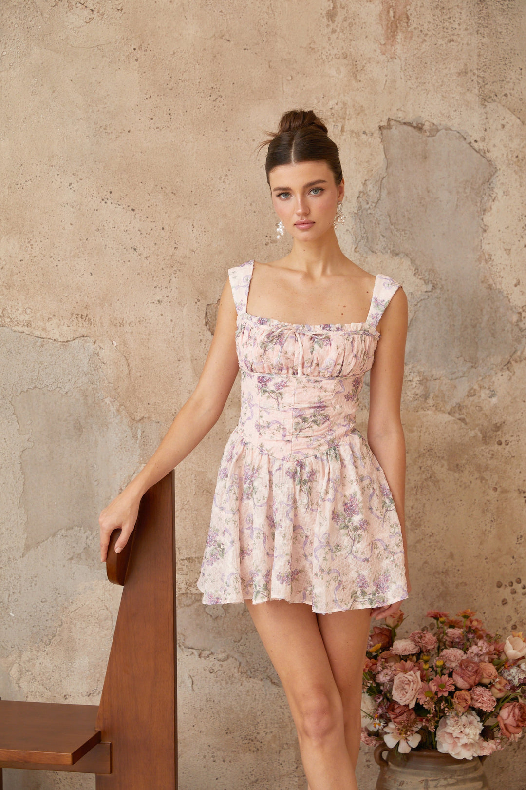 Xavière pink floral-print shirred mini dress - Celestia Couture