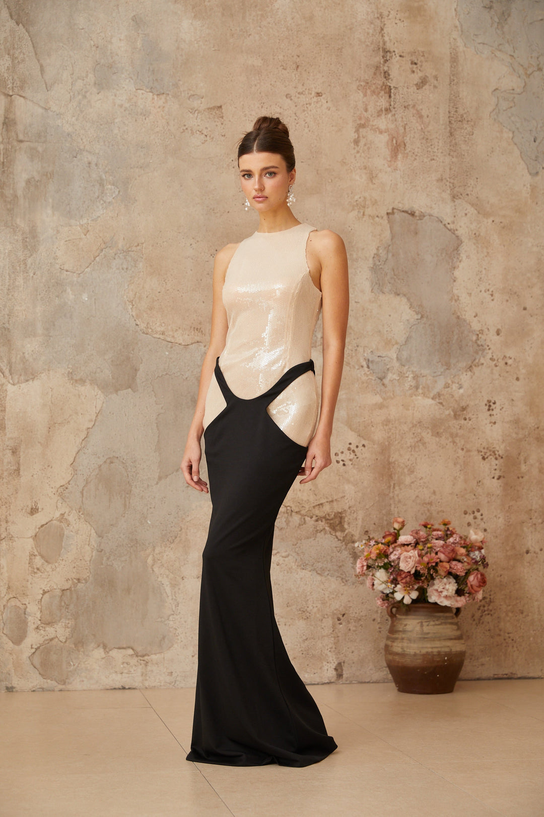 Uranie black panelled sequined corset maxi dress - Celestia Couture