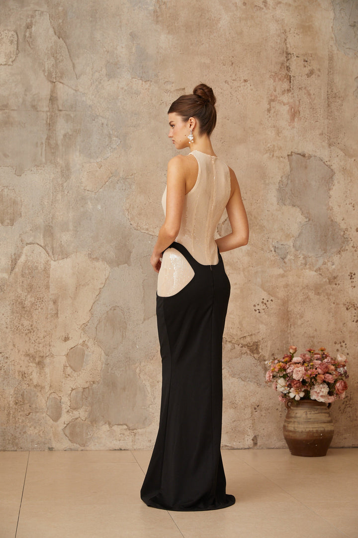 Uranie black panelled sequined corset maxi dress - Celestia Couture