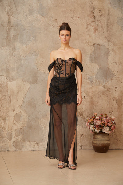 Orphée black tulle-panel floral-lace corset maxi dress