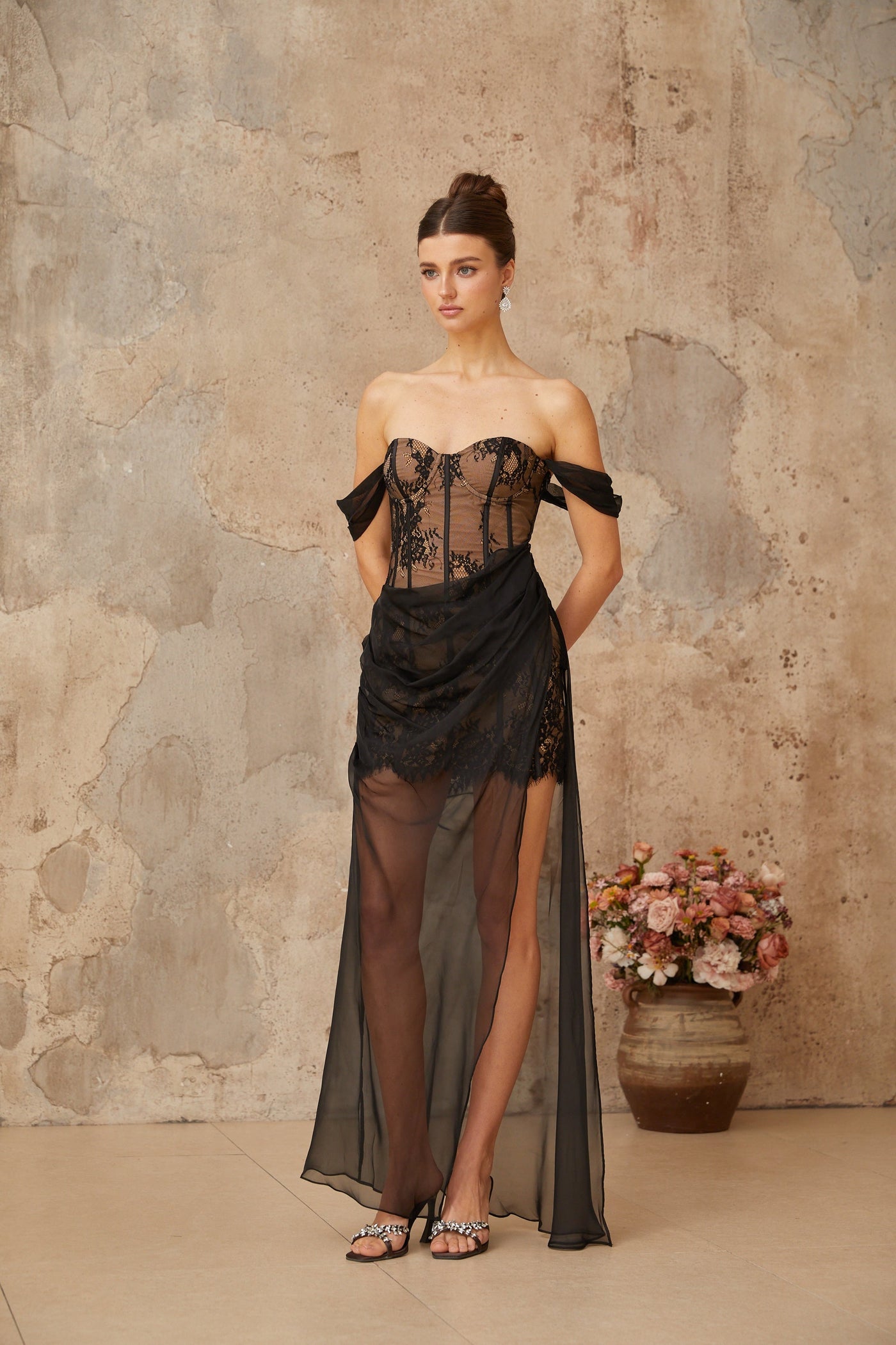 Orphée black tulle-panel floral-lace corset maxi dress