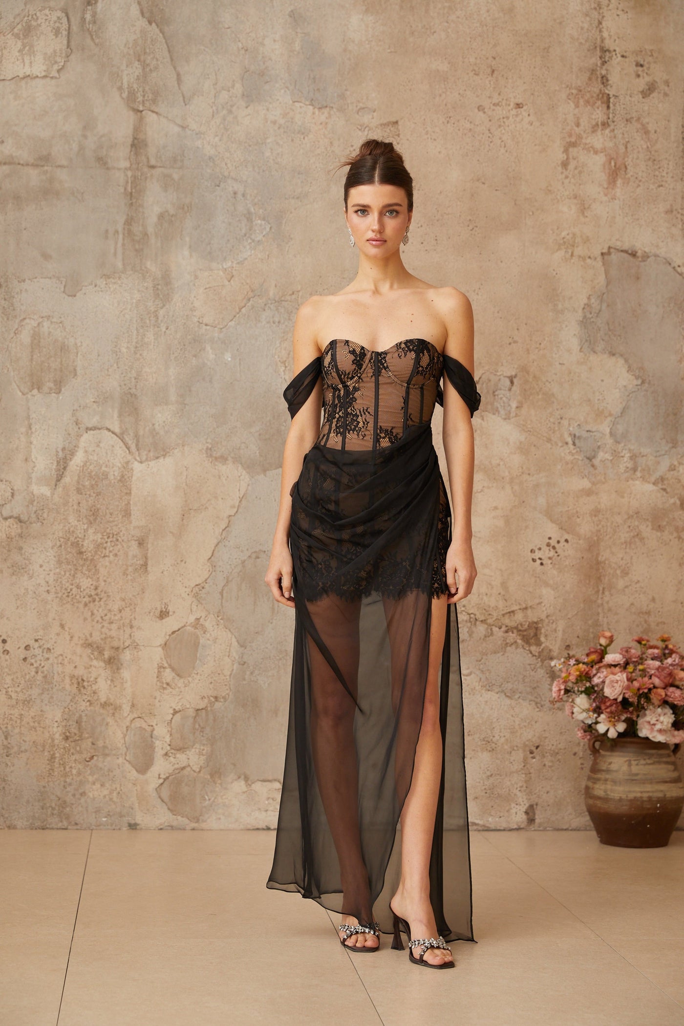 Orphée black tulle-panel floral-lace corset maxi dress
