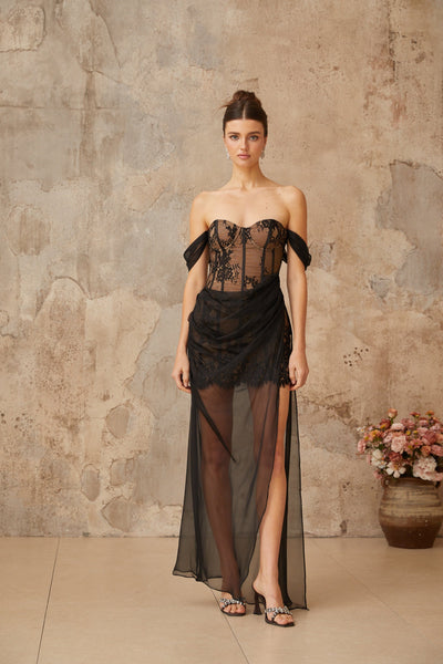 Orphée black tulle-panel floral-lace corset maxi dress