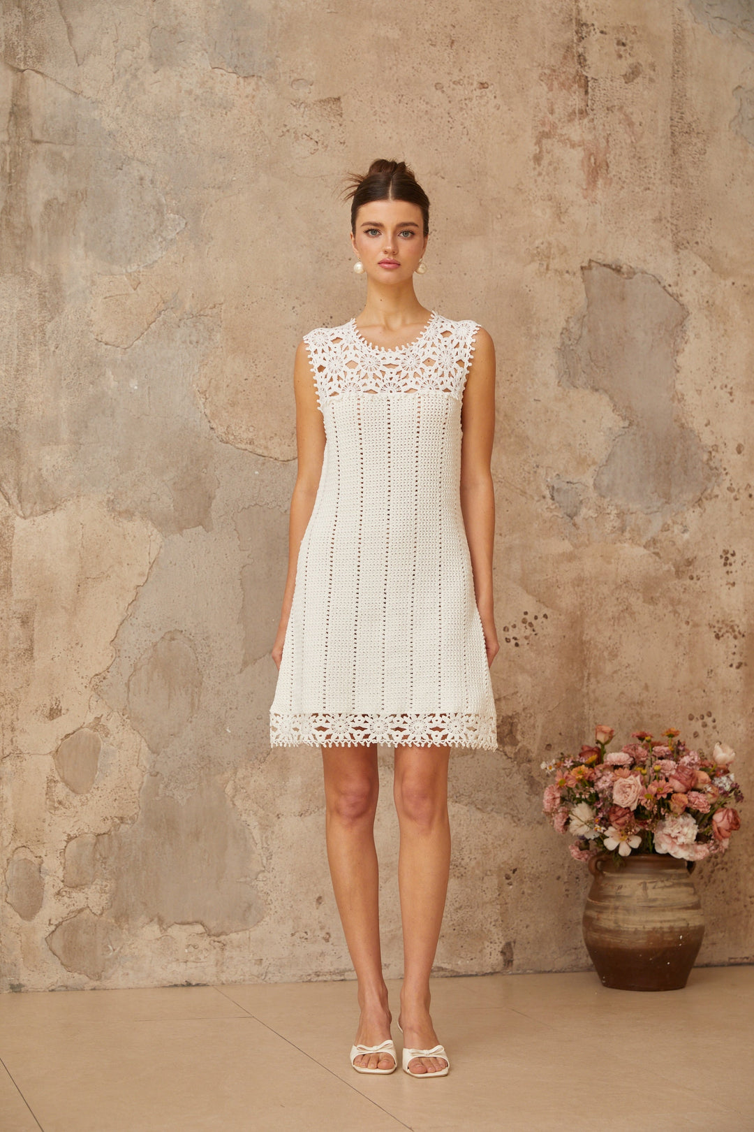 Gisèle white floral-appliqué crochet-knit mini dress - Celestia Couture