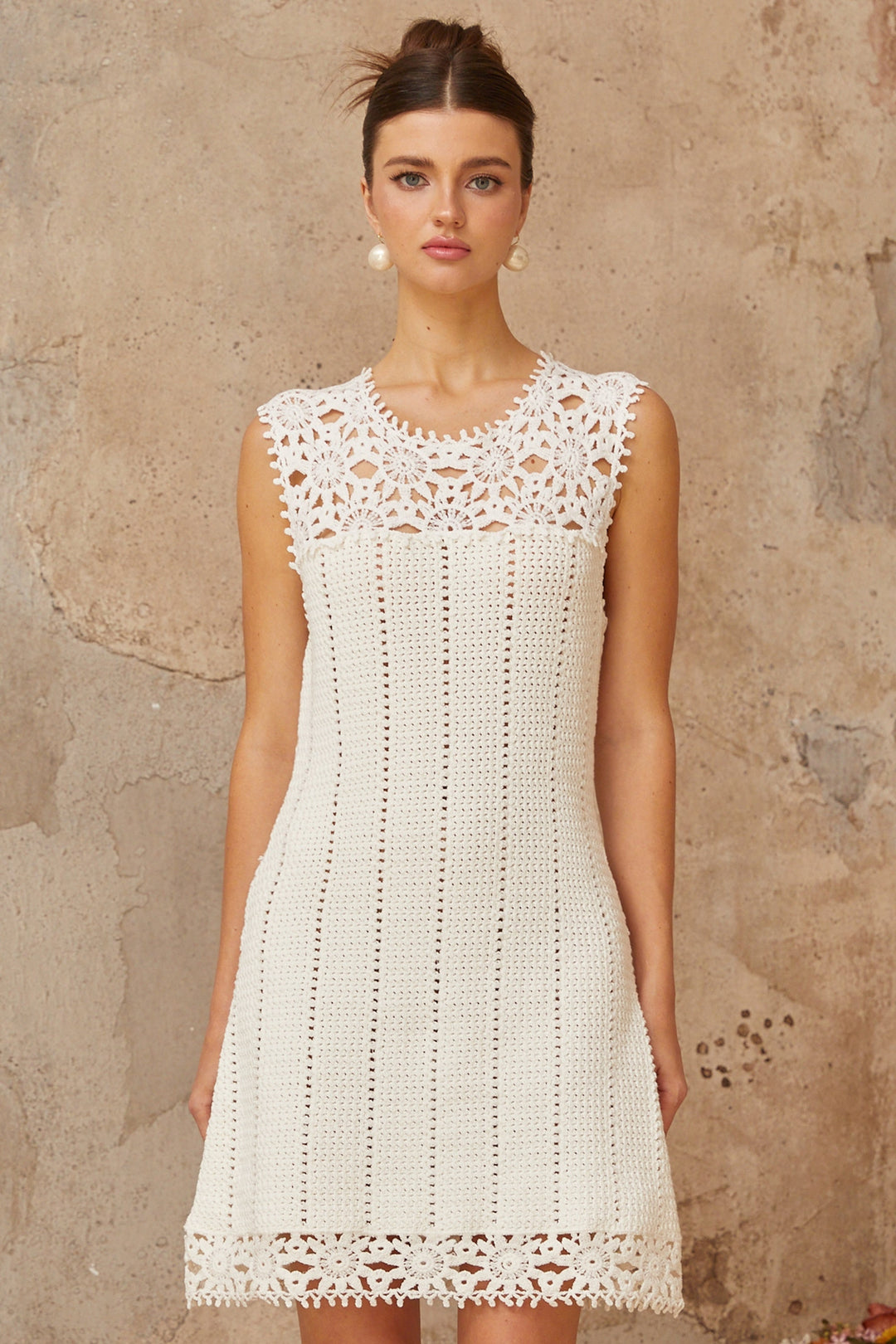 Gisèle white floral-appliqué crochet-knit mini dress - Celestia Couture