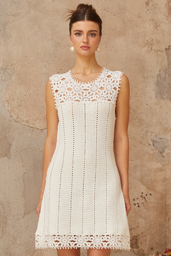 Gisèle white floral-appliqué crochet-knit mini dress - Celestia Couture